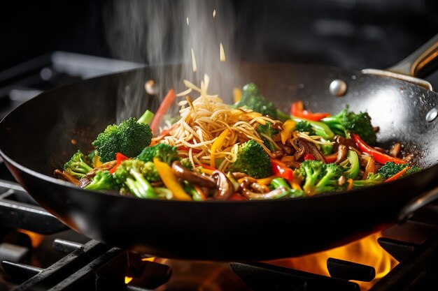 Photo closeup of colorful stirfry ingredients arranged on a wooden cutting board