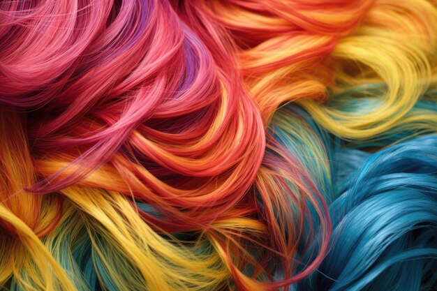 Closeup of colorful synthetic hair strands created with generative ai