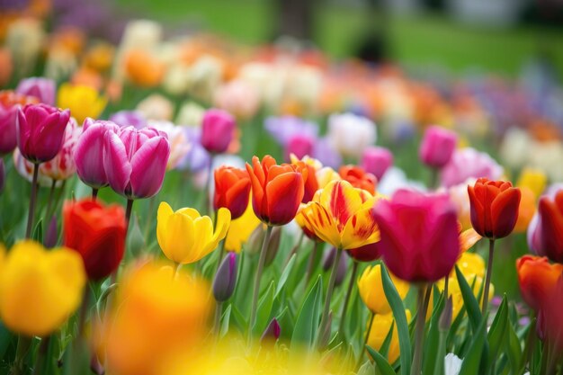 Closeup of colorful tulips in full bloom created with generative ai
