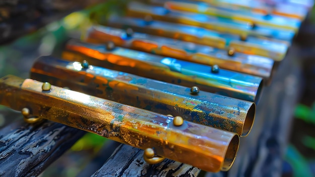 Closeup of a colorful xylophone made of metal bars The xylophone is placed on a wooden surface outdoors