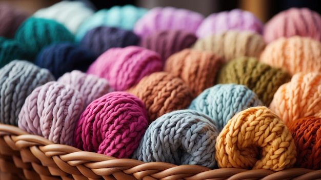 Foto closeup di strisce colorate di filo di lana in un cesto di legno concetto di hobby accogliente ia generativa