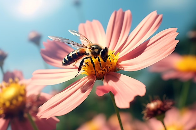 Closeup of a common drone bee fly collecting pollen from a garden cosmos tree in a field