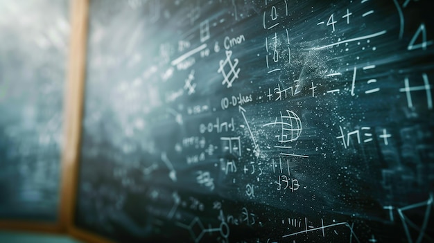 Foto close-up di complesse formule matematiche scritte su una lavagna