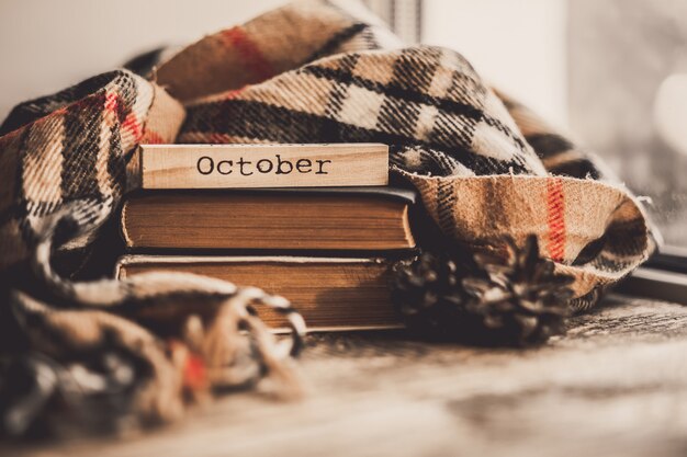 Closeup of composition on the windowsill Book with scarf on wood background.