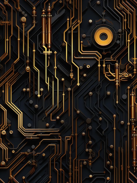 closeup computer circuit board gold black album trance robot body matrix background rusty metal