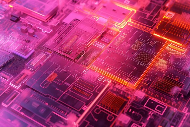 A closeup of a computer circuit board with glowing pink and orange highlights