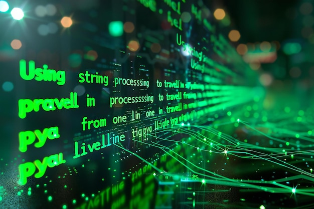 a closeup of computer code on the screen with using string processing to travell from one line in