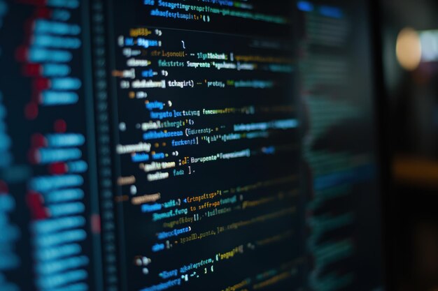 바이너리 코드를 표시하는 컴퓨터 모니터의 클로즈업 프로그래밍 개념 소프트웨어 개발