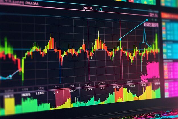 closeup of a computer monitor displaying vibrant stock market trading graphs with fluctuating data