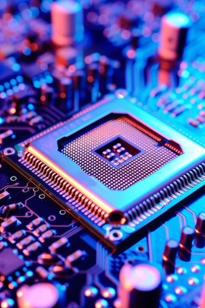 Closeup of a computer processor with blue and purple lighting