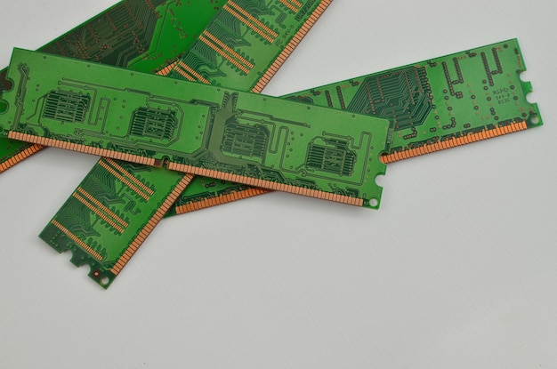 Closeup of a computer RAM memory card on a light background e