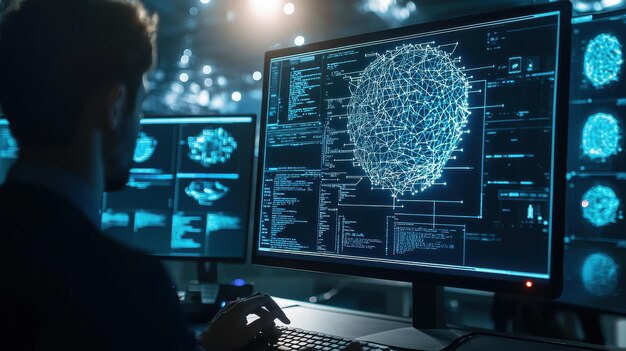 a closeup of a computer screen displaying neural network architecture with a programmer making adjustments to the code surrounded by hightech gadgets and illuminated by the soft glow of multiple