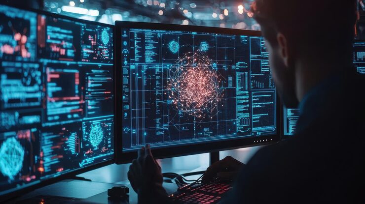 Photo a closeup of a computer screen displaying neural network architecture with a programmer making adjustments to the code surrounded by hightech gadgets and illuminated by the soft glow of multiple