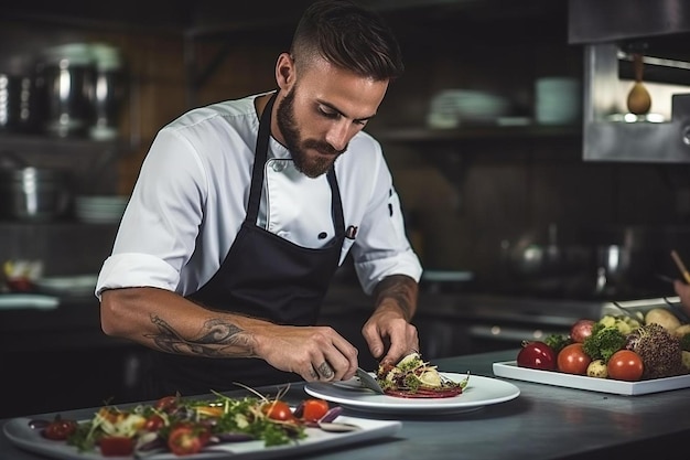 closeup of a concentrated male chef garnishing food in the kitchen