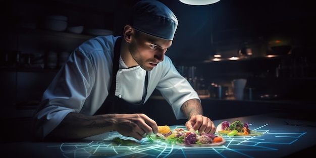 Photo closeup of a concentrated male chef garnishing food in the kitchen