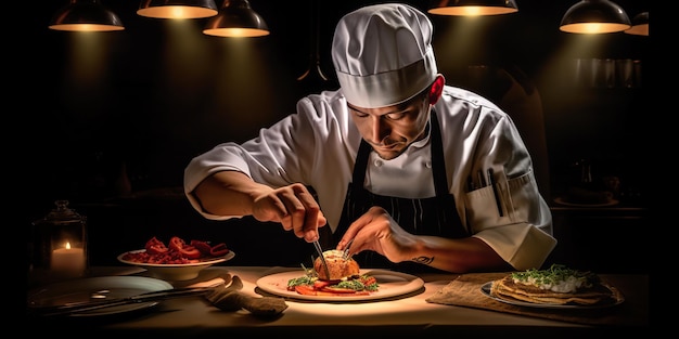 Closeup of a concentrated male chef garnishing food in the kitchen