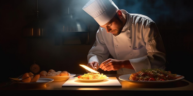 Closeup of a concentrated male chef garnishing food in the kitchen