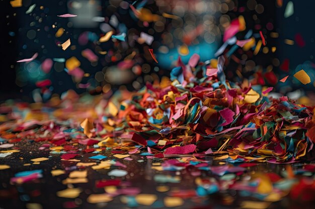 Closeup of confetti swirling in the wind with a colorful and festive background