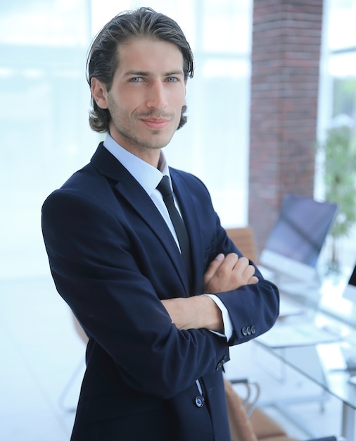 Closeup confident businessman on  of office  business concept