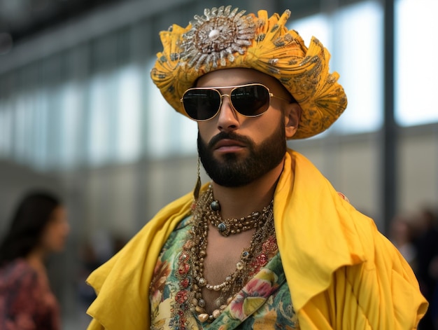 Foto close-up di un uomo sicuro di sé e elegante che partecipa a una sfilata di moda generativa ai