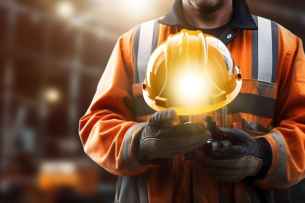 Closeup of construction worker wearing safety helmet and holding a torch