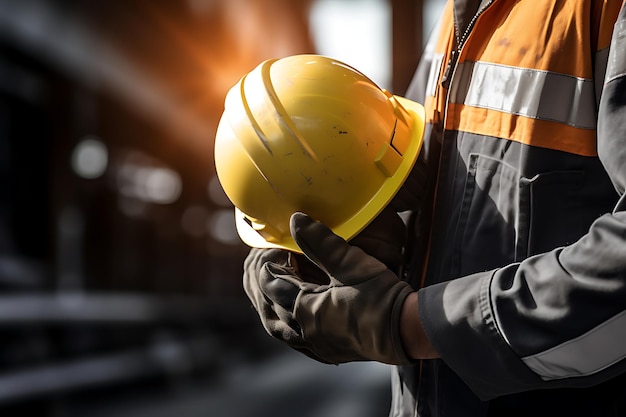 Closeup of construction worker wearing safety helmet and holding a torch