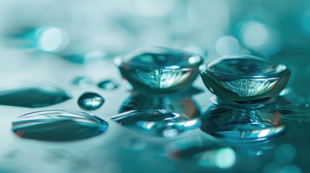 Closeup of contact lenses on a reflective blue surface with droplets