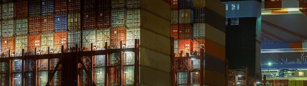 Closeup of a container ship at the terminal in the evening