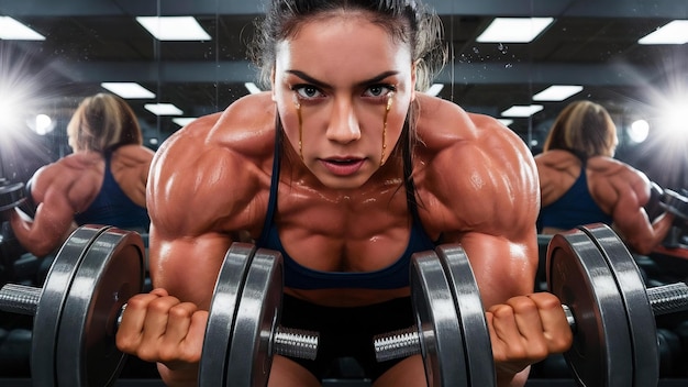 Closeup of content girl training with dumbbells