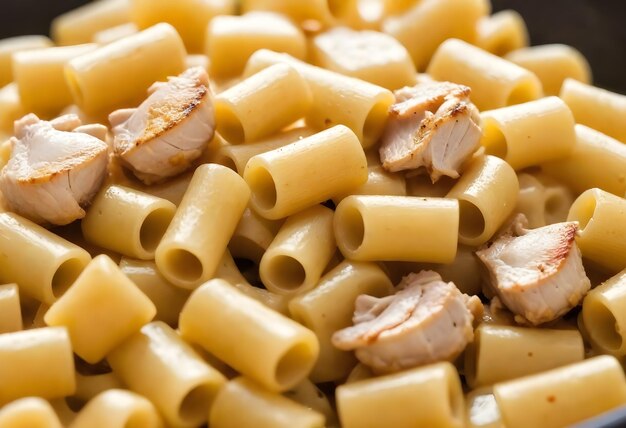 Photo closeup of cooked elbow macaroni pasta with chunks of chicken in a white bowl