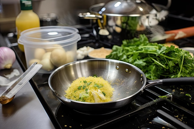 Closeup of cooking technique with ingredients and tools visible created with generative ai