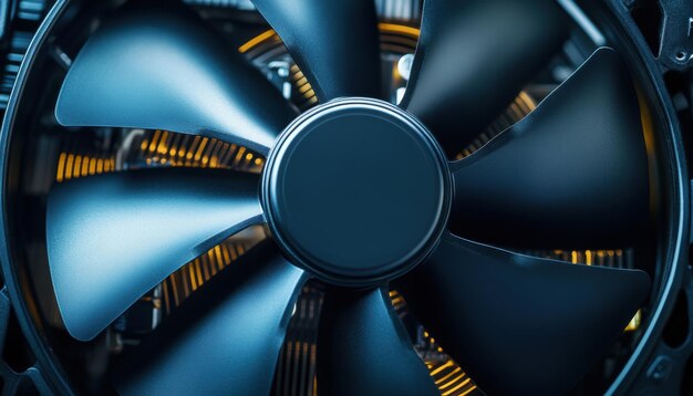 closeup of a cooling fan rotating inside a computer case with illuminated components