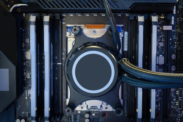 Closeup Cooling Pump that installed on CPU socket on computer motherboard