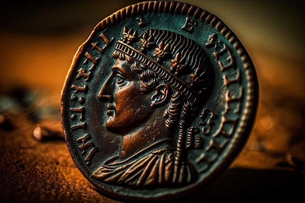 Foto close-up di una moneta di rame del regno dell'imperatore romano costanzo i magno