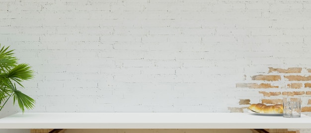 흰색 벽돌 벽 배경 3d 렌더링 위에 몽타주를 위한 흰색 테이블 상단의 근접 촬영 복사 공간