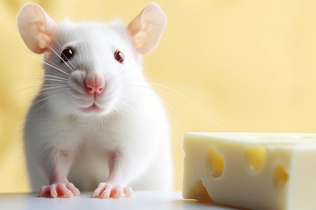 Closeup copy space white tame rat or mouse with cheese AI generated