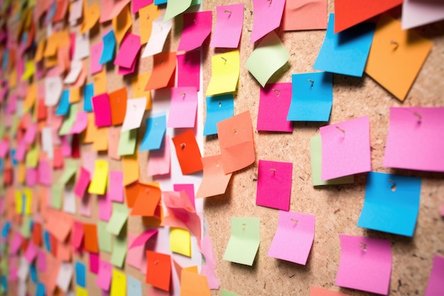 Closeup of a cork boards filled with colorful sticky notes in office