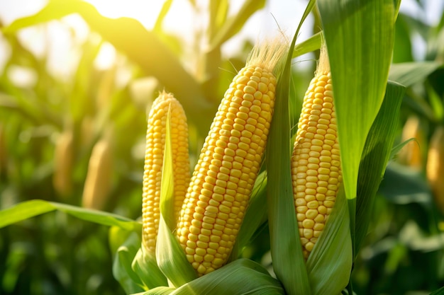 Closeup corn cobs in corn plantation field Generative AI