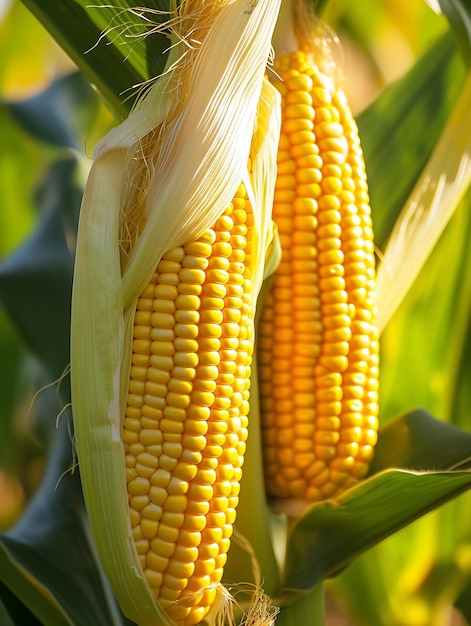 Closeup corn cobs in corn plantation field Generative AI