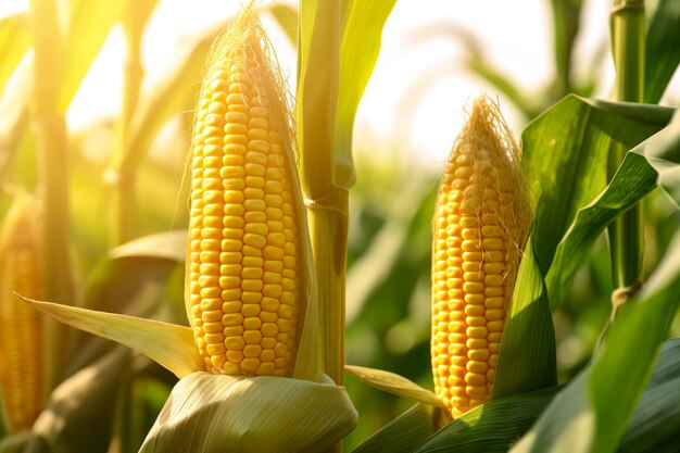 Closeup corn cobs in corn plantation field Generative AI