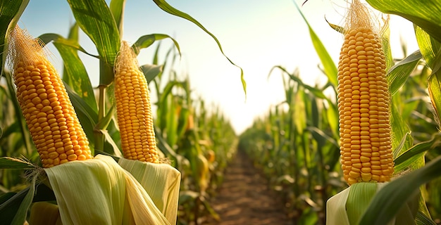 Closeup corn cobs in corn plantation field Generative AI