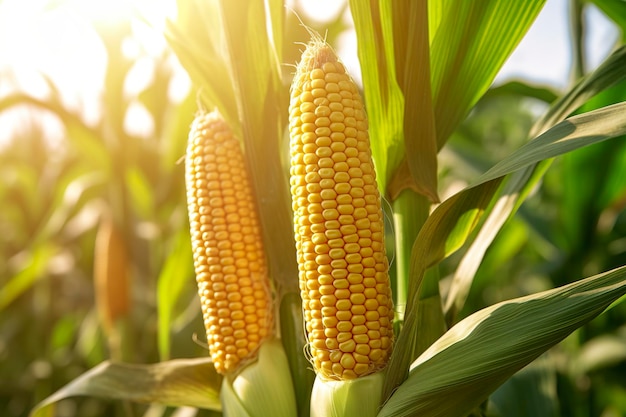 Closeup corn cobs in corn plantation field Generative AI