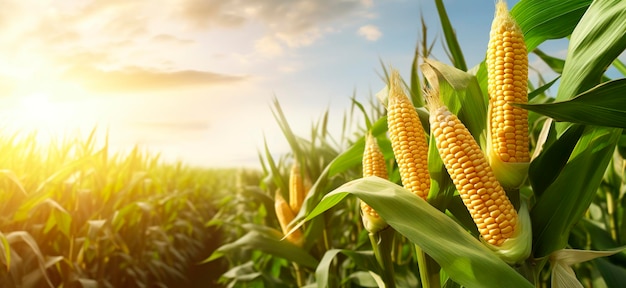 Кукурузные початки крупным планом на поле кукурузной плантации