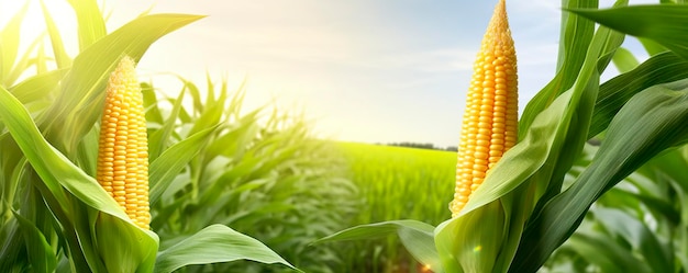 Closeup corn cobs in corn plantation field