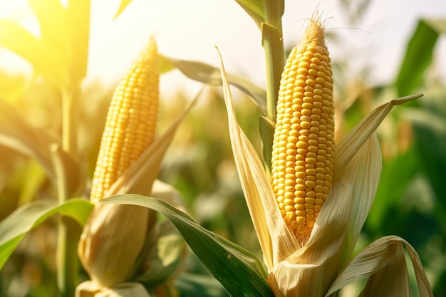 Кукурузные початки крупным планом на поле кукурузной плантации