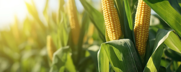 Closeup of corn on the stalk in corn field