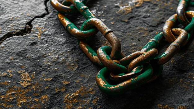 Closeup of a corroded bronze chain lying on a concrete floor