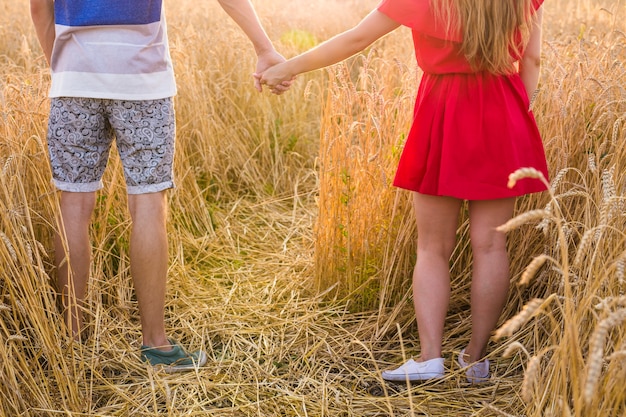 Closeup of couple holding hands in nature sunrise