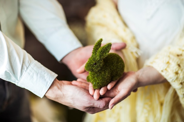 Closeup of couple holding in his hand a toy rabbit