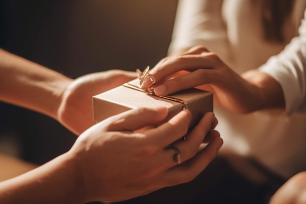 Closeup of a couple's hands exchanging heartfelt gifts such as flowers representing thoughtfulness